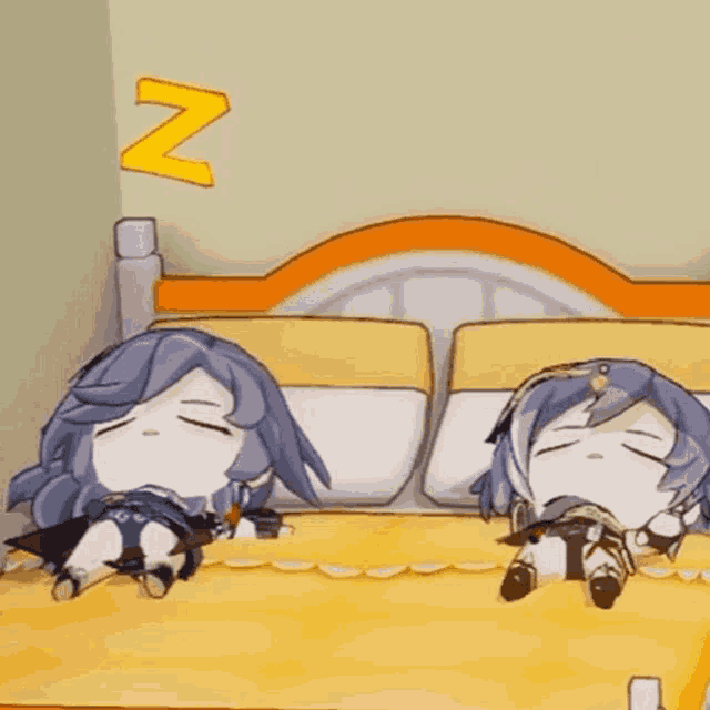 two cartoon characters are sleeping on a bed with a letter z above them
