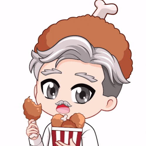 a cartoon drawing of a man holding a bucket of chicken
