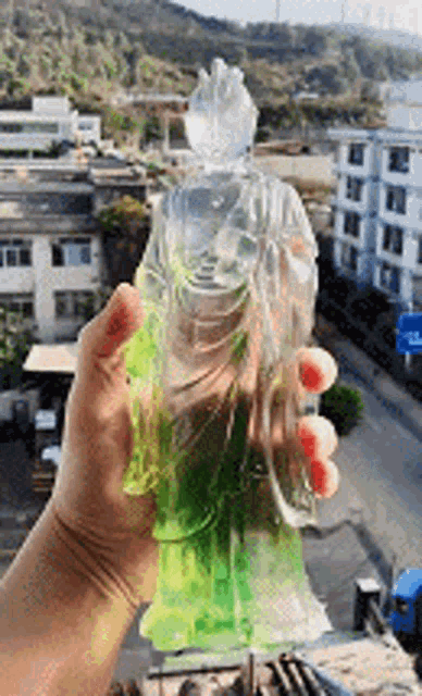 a person is holding a glass statue of a woman in a green dress .