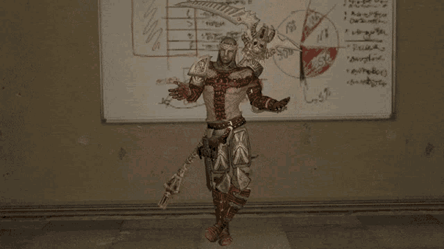 a man in armor is standing in front of a whiteboard with a graph on it