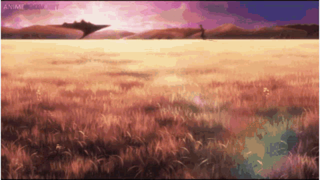 a painting of a field with a purple sky and the words anime on the bottom