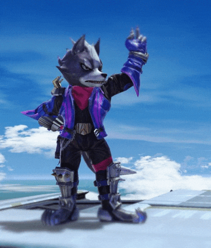 wolf from a video game is standing on a platform