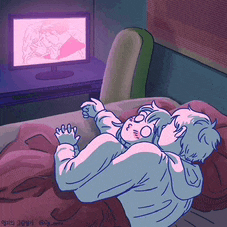 a cartoon of a couple kissing in front of a computer monitor