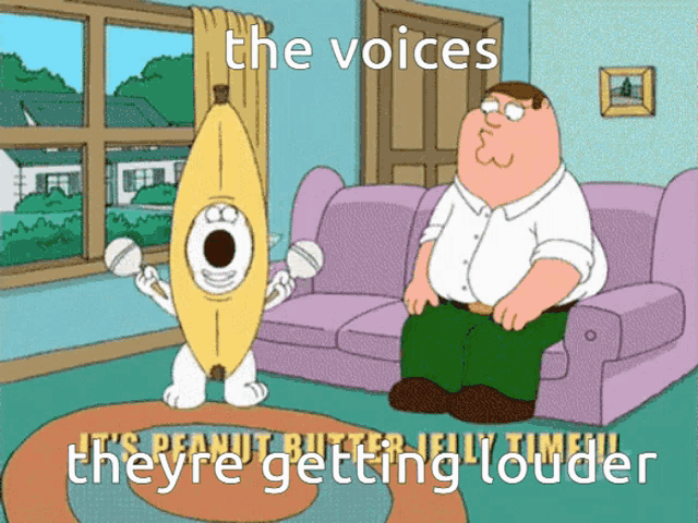 a cartoon of peter griffin sitting on a couch next to a banana