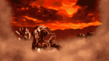 a painting of a man kneeling in the dirt with a red sky in the background