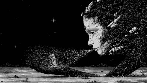 a black and white painting of a woman 's face coming out of a tree trunk .