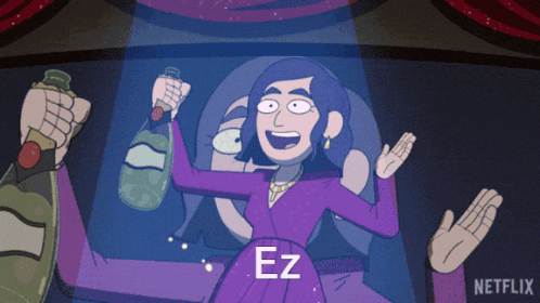 a woman in a purple dress is holding a bottle of champagne and the word ez is on the bottom