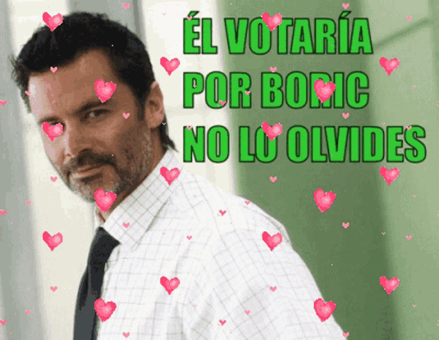 a man in a white shirt and tie is surrounded by pink hearts and says el votaria por boric no lo olvides
