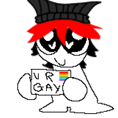 a pixel art of a person holding a sign that says " ur gay "