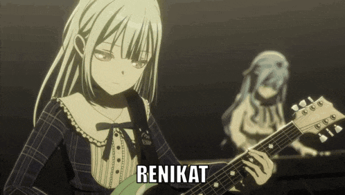 a girl playing a guitar with the word rekikat on the bottom right
