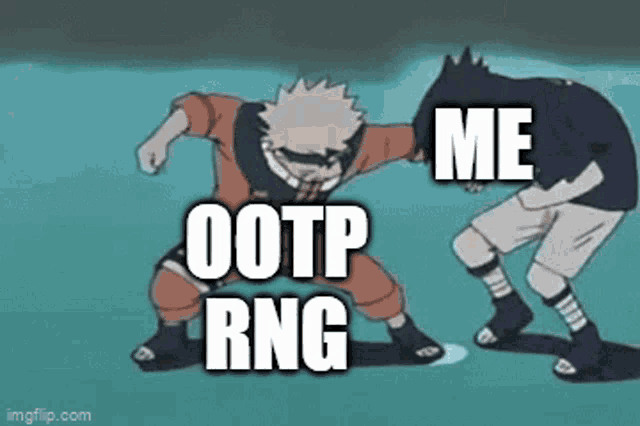 a cartoon of a man standing next to another man with the words `` me ootp rng '' .
