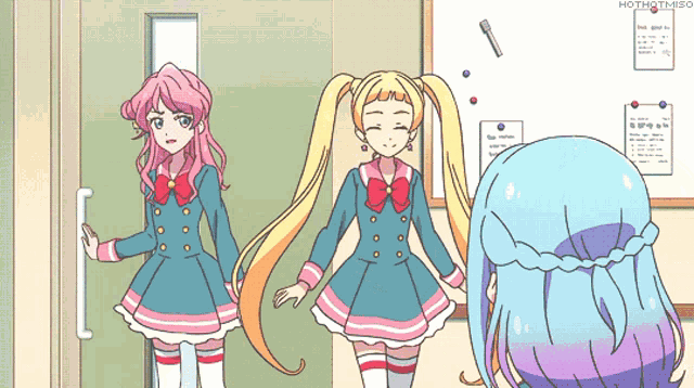 three anime girls are standing in front of a bulletin board that says hothqt-nso