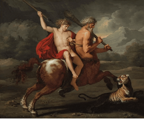 a painting of a man riding on the back of a centaur with a tiger in the background