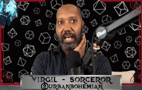 a man talking into a microphone with a sign that says virgil sorceror urban bohemian