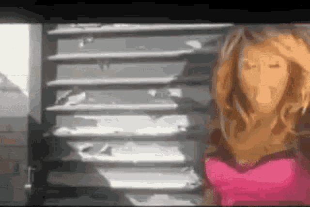 a woman in a pink top is standing in front of a window with blinds on it .