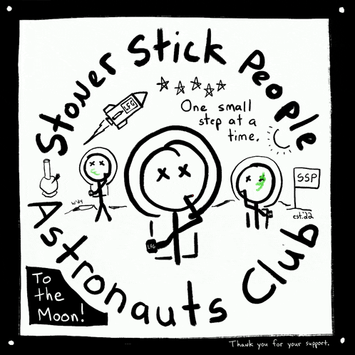 a black and white drawing of stick figures with the words stower stick people astronauts club