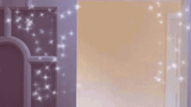 a door is open to a room with a lot of stars flying out of it .