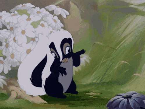a cartoon badger is standing next to a bunch of daisies