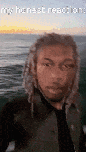 a man with dreadlocks is standing in front of the ocean with a caption that says `` my honest reaction '' .