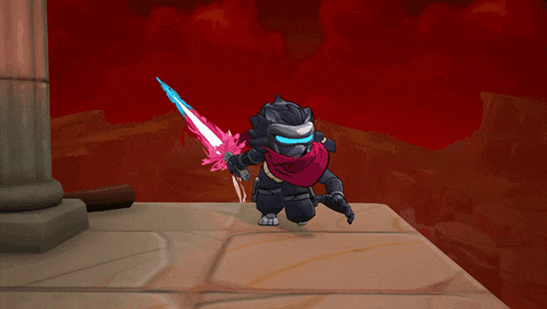 a video game character is running on a ledge with a red background