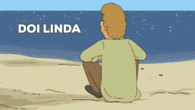 a cartoon of a man sitting on a beach with the words doi linda behind him