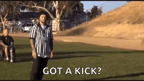 a referee is standing on a field with a man in a wheelchair behind him and says `` got a kick ? ''
