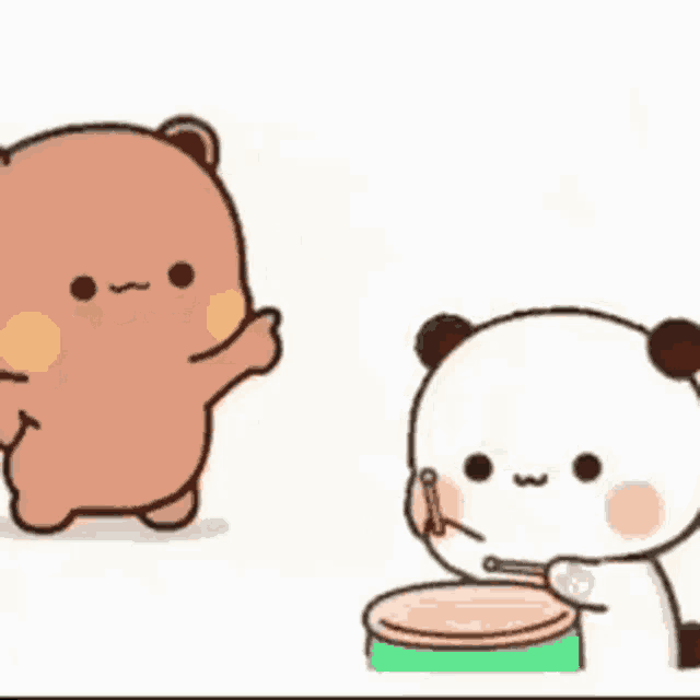 two cartoon bears are playing drums together .