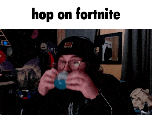 a man wearing glasses and a beanie is playing a video game with the words hop on fortnite above him