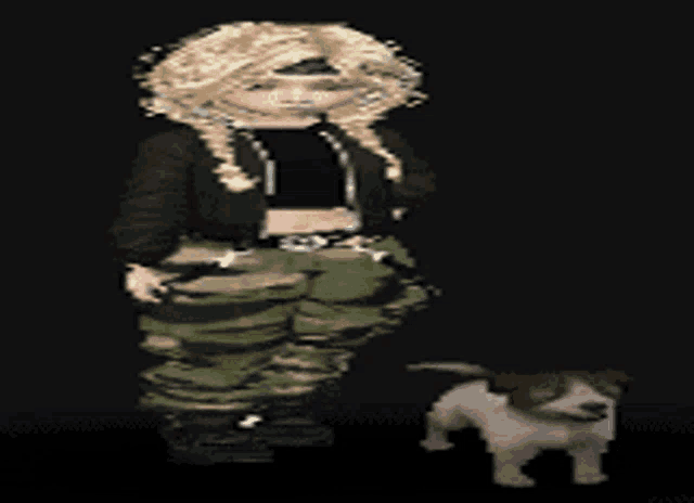 a little girl standing next to a small dog with a black background
