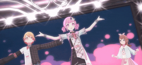 a group of anime characters are standing on a stage with their arms outstretched .