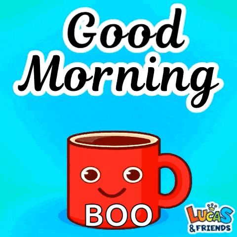 a red cup of coffee with a face and the words good morning boo