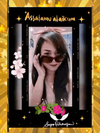 a picture of a woman wearing sunglasses with the words assalamualaikum written on the bottom