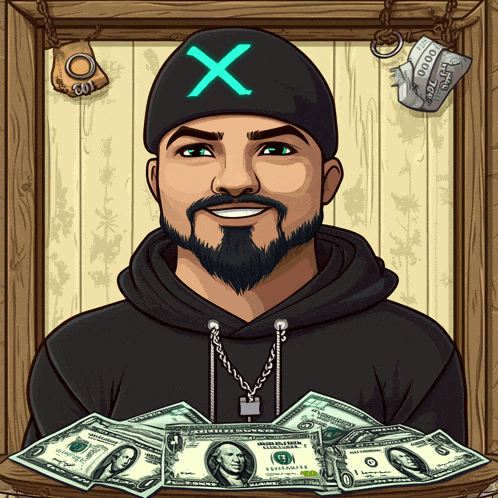 a man in a black hoodie with a x on his hat is surrounded by dollar bills