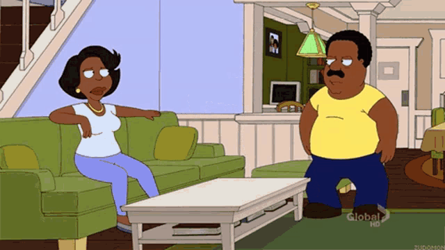 a cartoon of a man and a woman sitting on a couch with a global hd logo on the bottom right
