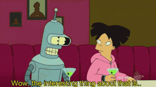 bender from futurama is talking to a girl holding a martini