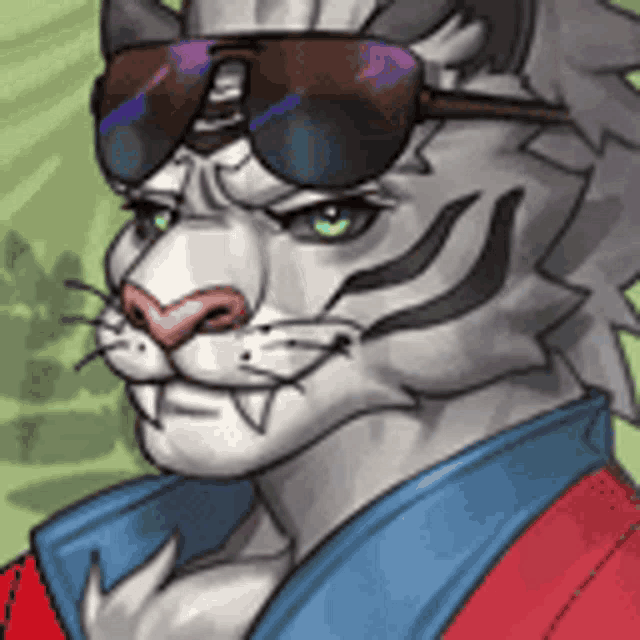 a cartoon of a tiger wearing sunglasses and a red and blue jacket .