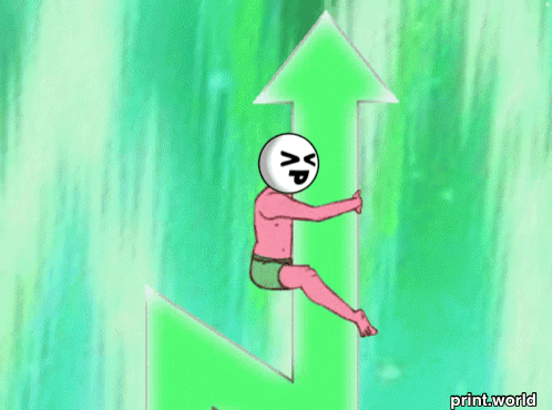 a cartoon of a person sitting on a green arrow with printworld written below it