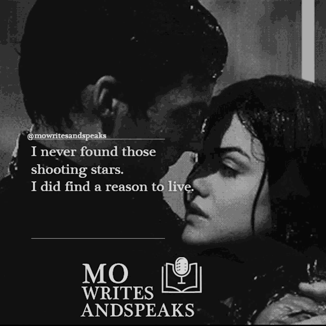 a poster for mo writes and speaks shows a man and a woman hugging in the rain