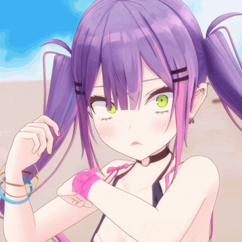 a girl with purple hair and green eyes