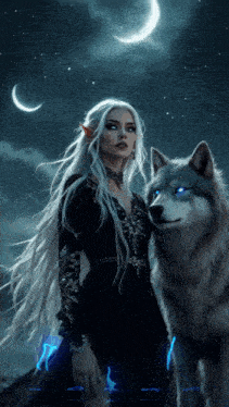 a woman standing next to a wolf with blue eyes