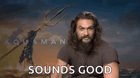 a man with a beard is holding a trident and pointing at the camera with the words `` sounds good '' .