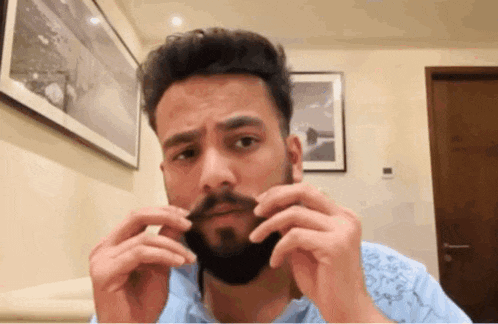 a man with a beard is adjusting his mustache while looking at the camera .