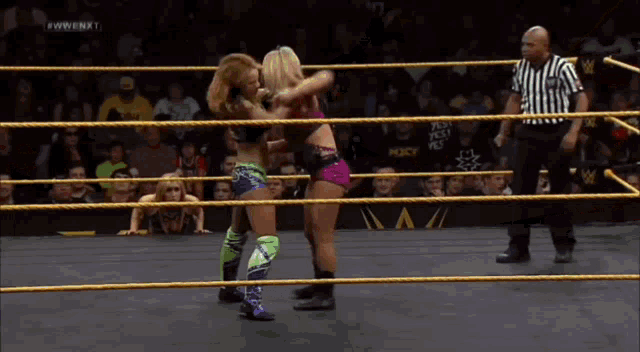 a man and a woman are wrestling in a ring .