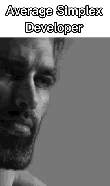 a black and white photo of a man with a beard and the words `` average simplex developer ''
