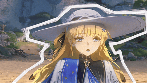 a girl with long blonde hair wearing a white hat with a blue flower in her hair