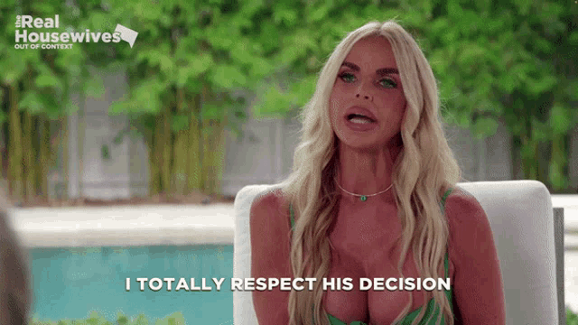 a woman sitting on a couch with the words " i totally respect his decision " below her