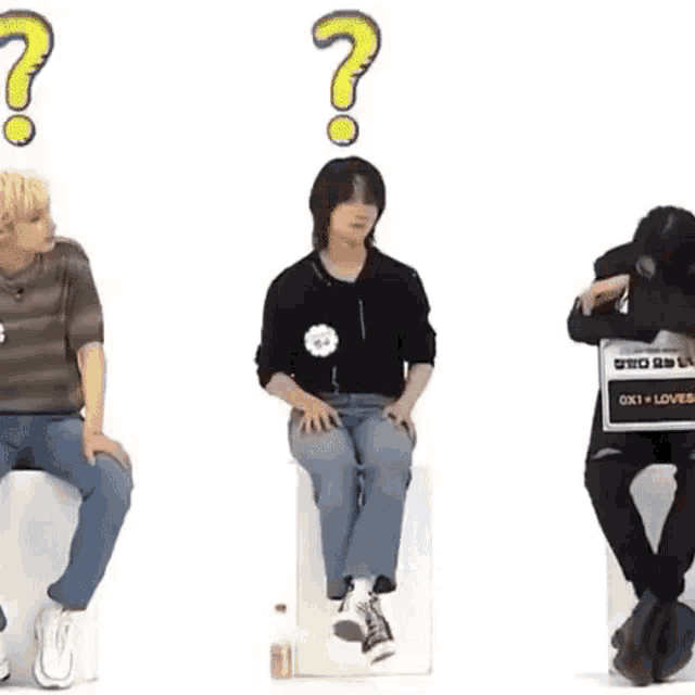 a group of young men are sitting on a stool with a question mark above their heads .