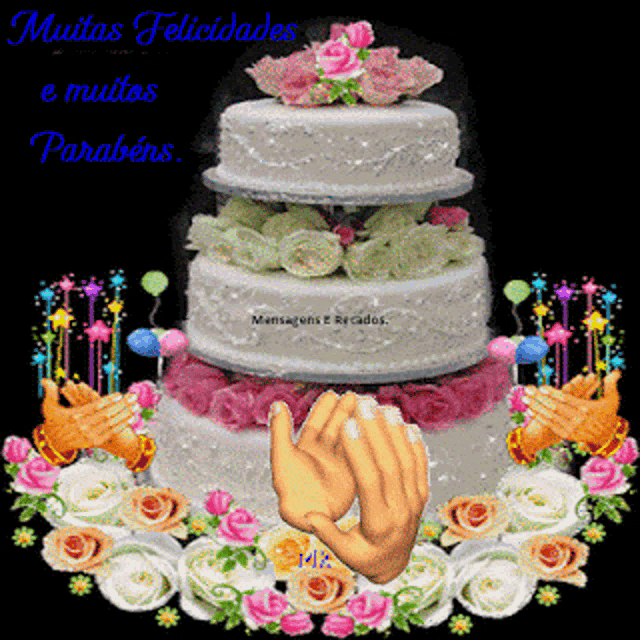an animated image of a birthday cake with flowers and the words muitas felicidades e muitos parabéns