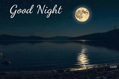 a full moon shines over a lake with the words good night