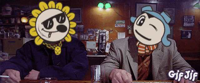 two cartoon characters are sitting at a table with gif jif written on the bottom left